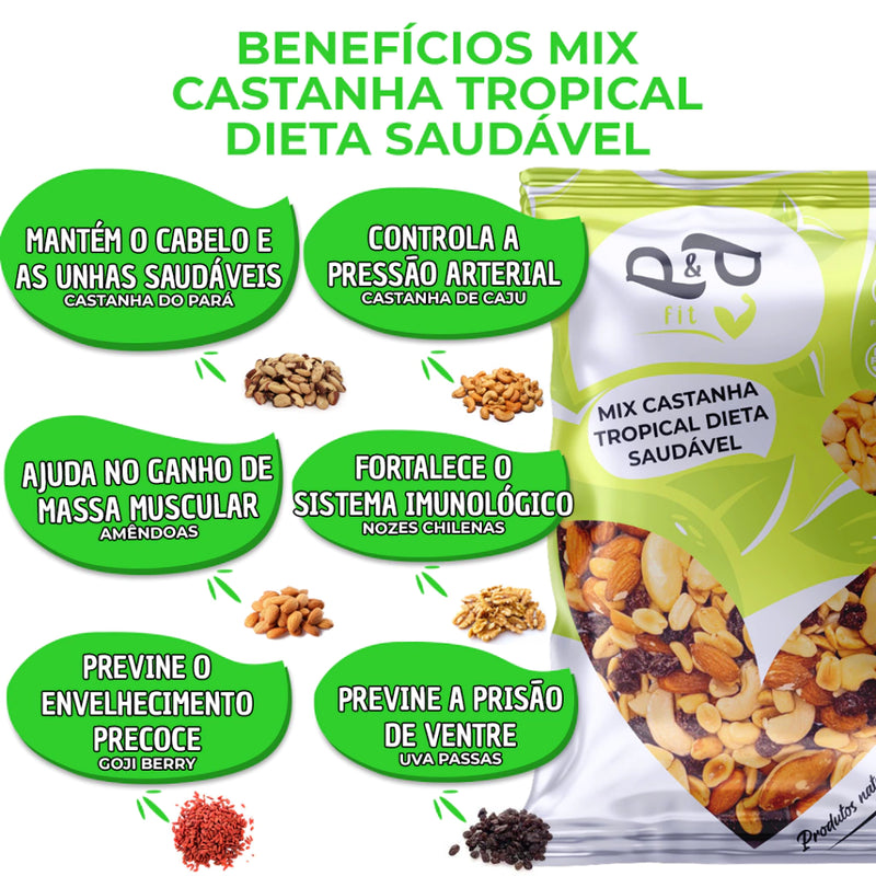 Mix Tropical Nuts Castanha, Nozes, Amêndoa, Amendoim, Uva Passa, Gojiberry 1Kg - P&P
