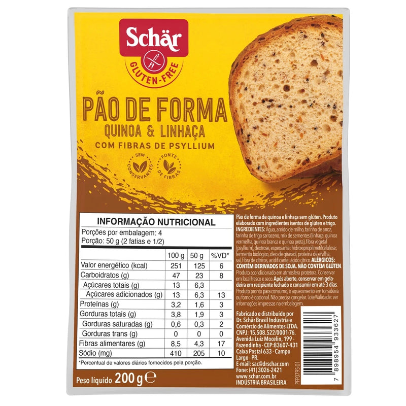 Pão de Forma Quinoa e Linhaça Schar Sem Glúten/Lactose 200g